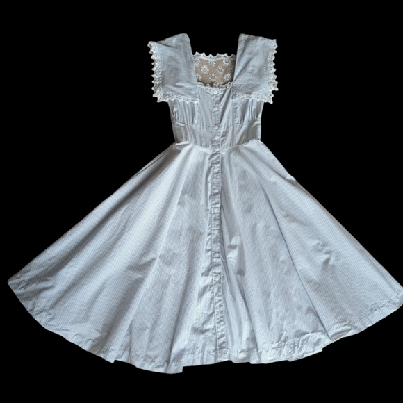 Gunne Sax Dresses & Skirts - Vintage Gunne Sax Lace Crochet Striped Prairie Dress 7 Blue White